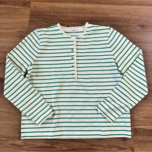 J.Crew‎ Factory Striped Ruffle Collar Henley Long Sleeve XL Green White Preppy